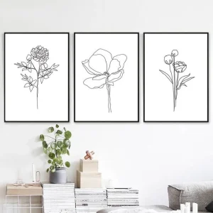 Set x3 Cuadros Decorativos Botánico , Flores dibujadas , Blanco y Negro